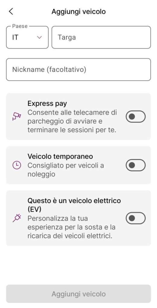 EasyPark veicolo temporaneo 2026 auto a noleggio